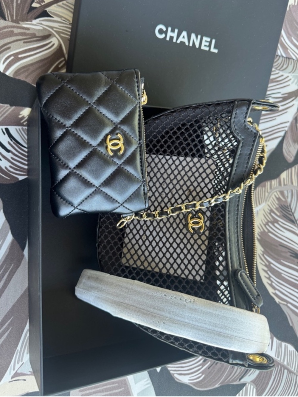VIP Black Mesh Cosmetic Bag with Gold Hardware